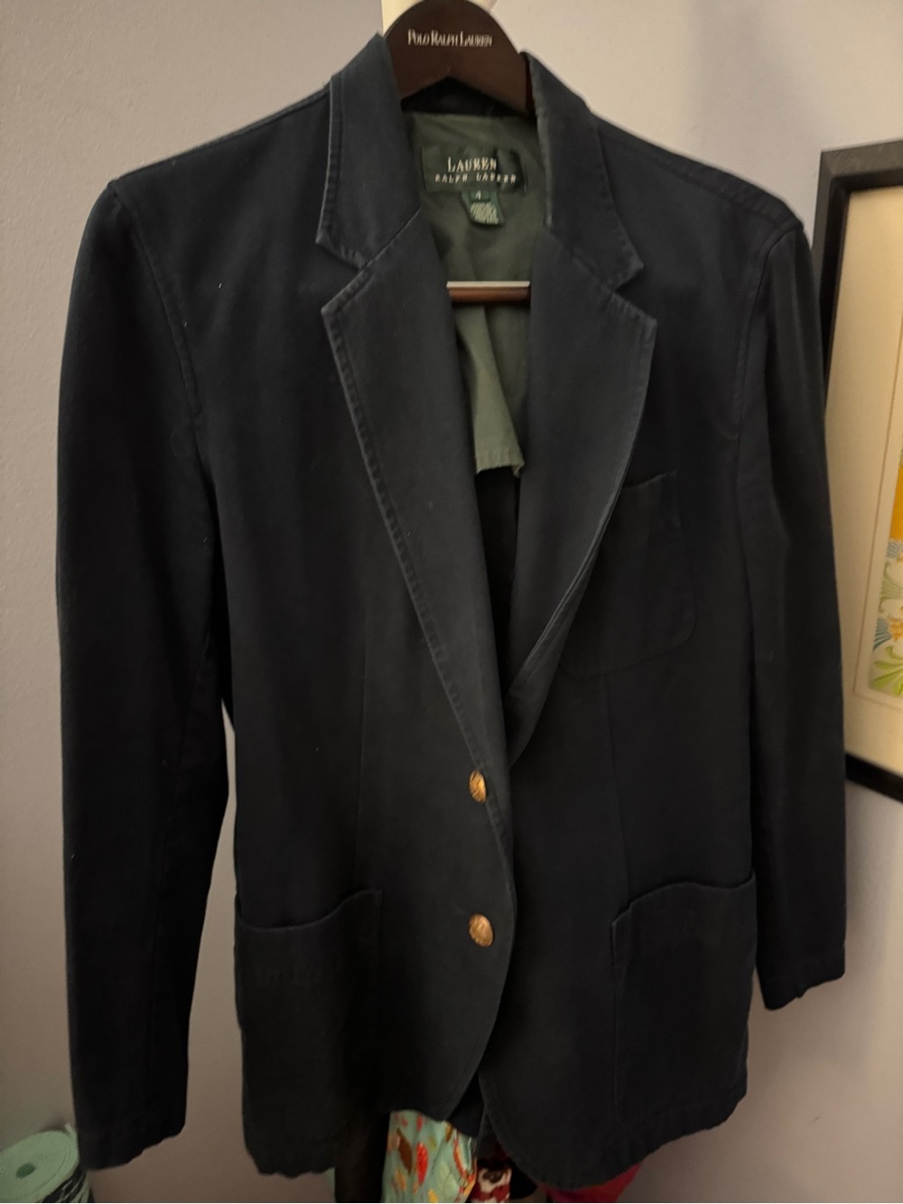 Lauren Ralph Lauren Navy Cotton Two-Button Blazer with Gold Buttons